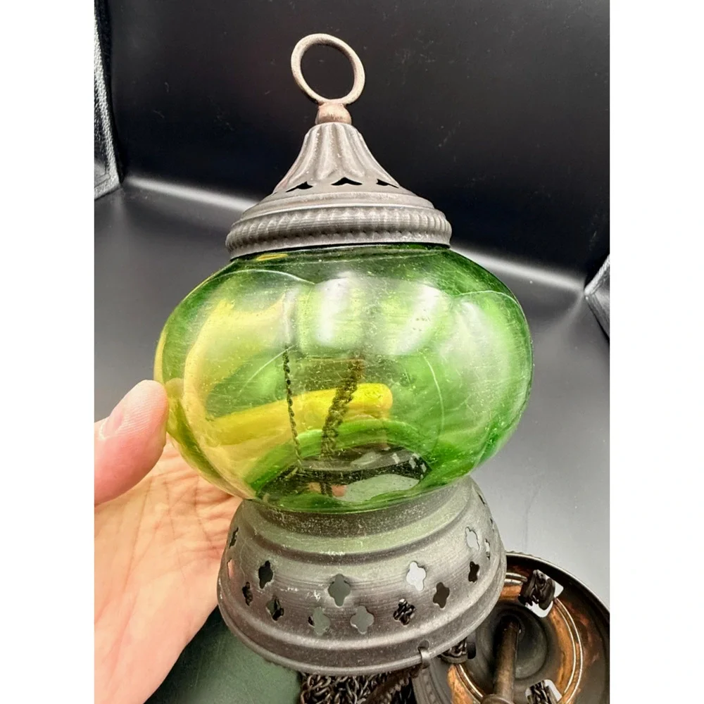 Hanging Metal Greek Sanctuary Vigil Lamp Candle Holder Green Glass Bell Jar